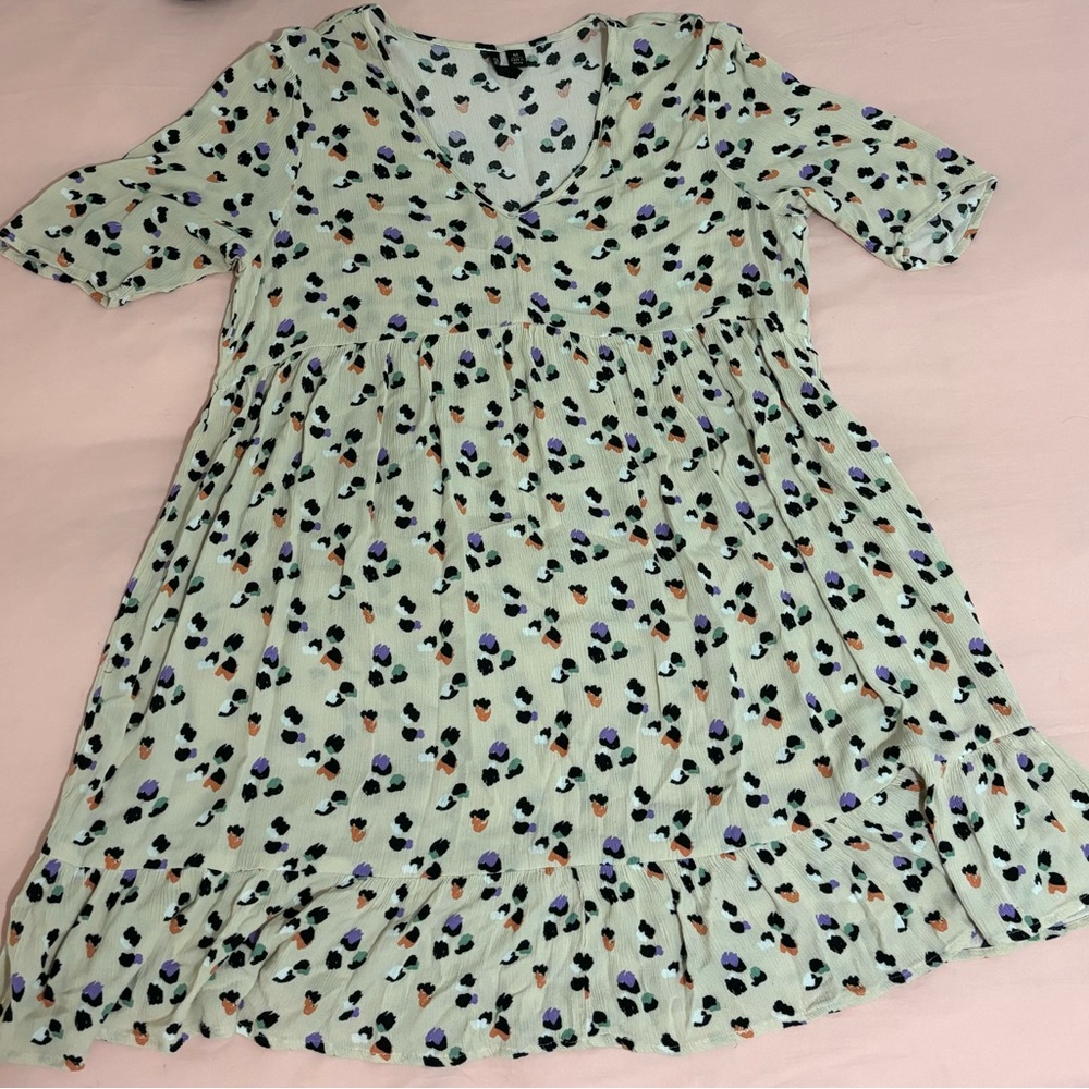 Versona mini dress, size medium, cream w/ (lilac, mint and orange) leopard print